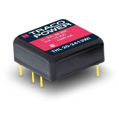 Elektronički komponenta s natpisom 'TRACO POWER, In: 9-36 VDC, Out: 15 VDC, 1340 mA, THL 20-2413WI' i žutim priključcima.