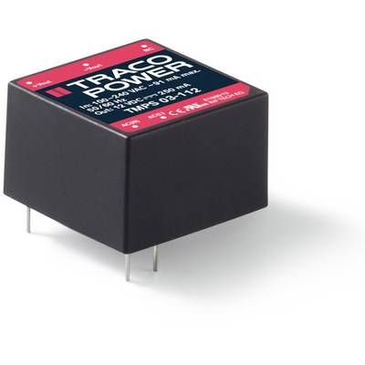 'TRACO POWER' AC/DC pretvarač, Ulaz: 85-240VAC, Izlaz: 12VDC. Crni, kvadratni element s četiri metalne pins nožice dolje.