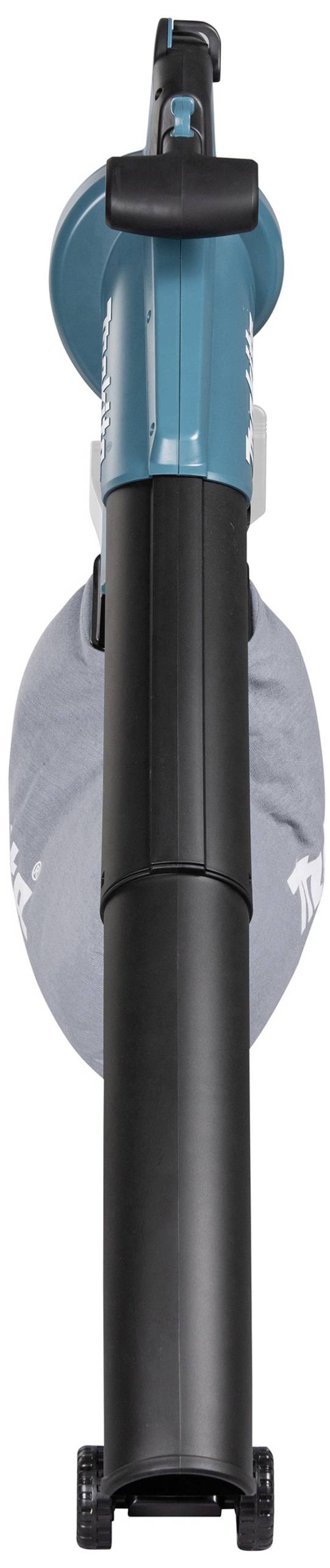 Električni plavo-crni uređaj za puhanje lišća s sivom vrećom za sakupljanje, prikazan odozgo.
