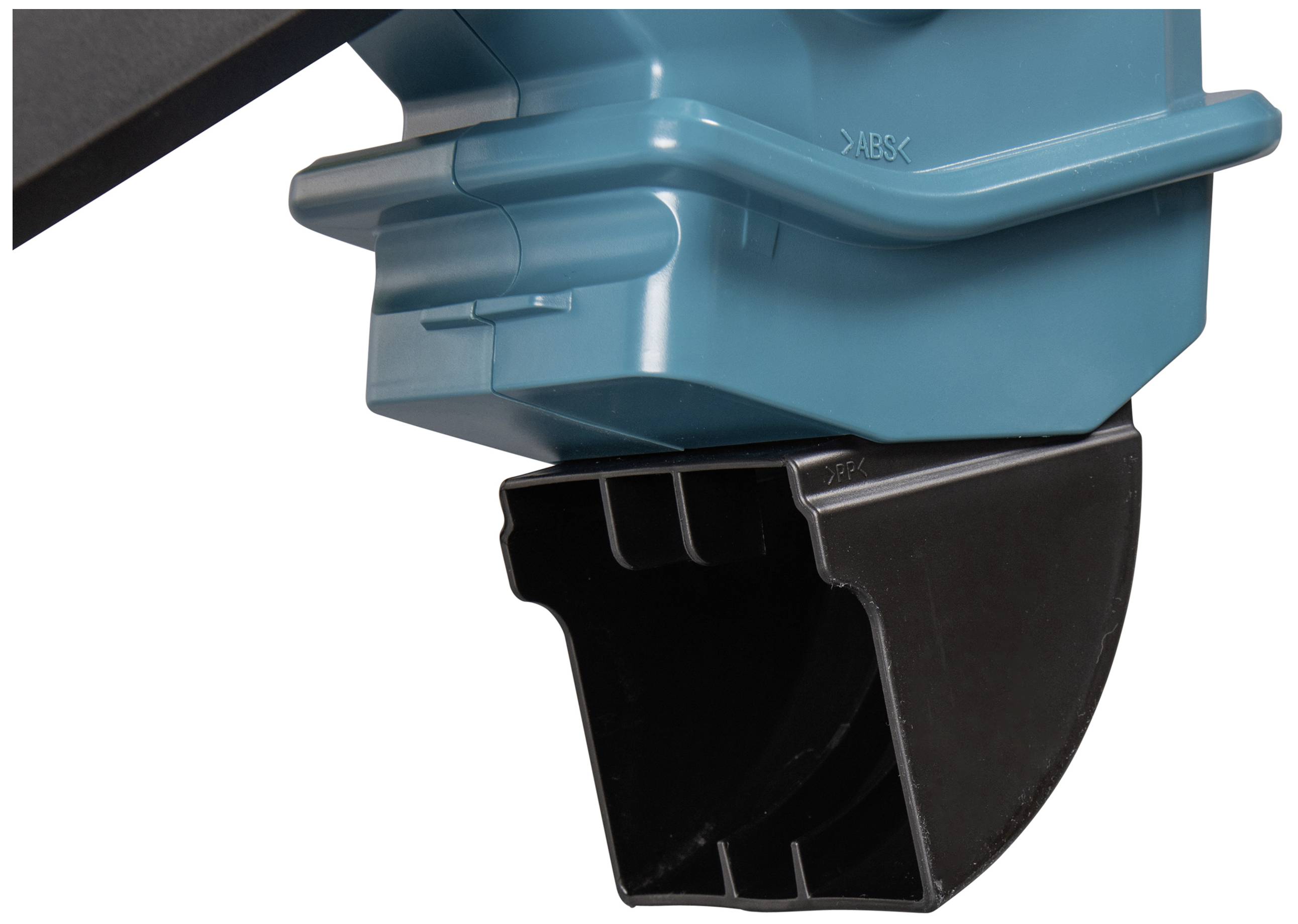 Donji dio plave električne alatne mašine s crnim plastičnim izlazom, vjerojatno za odvođenje prašine.