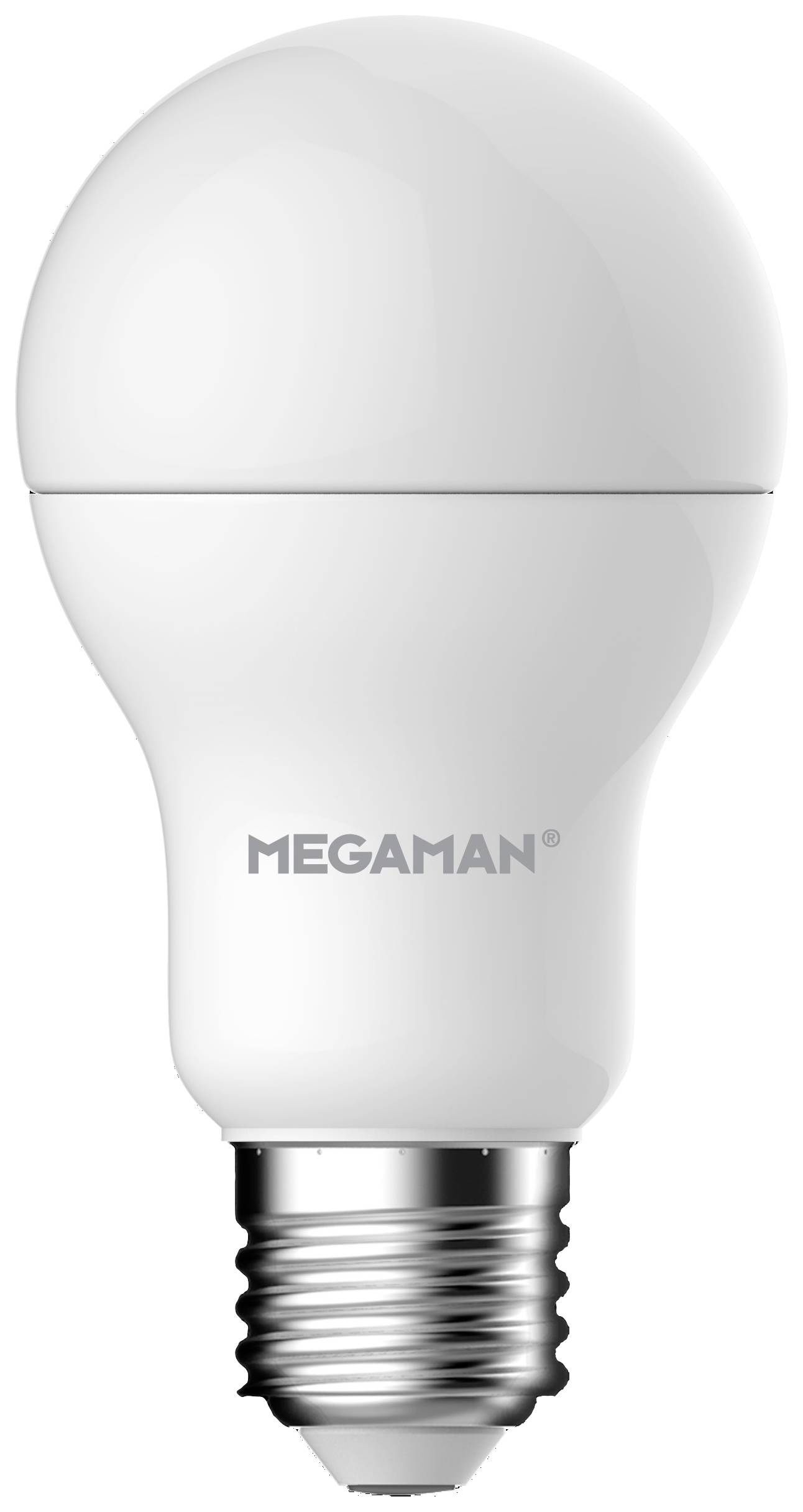 Bijela LED žarulja sa srebrnim vijkom, otisnuta logotipom marke 'MEGAMAN'.