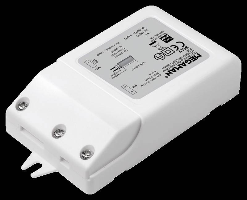 Bijeli plastični poklopac elektronskog transformatora s tehničkim specifikacijama i priključcima, pogodan za LED rasvjetna tijela.