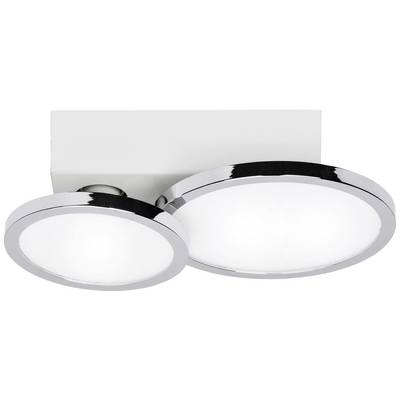Dvije okrugle, moderne stropne lampe s kromiranim okvirom montirane su na bijeloj osnovi i sjajno osvjetljavaju prostor.