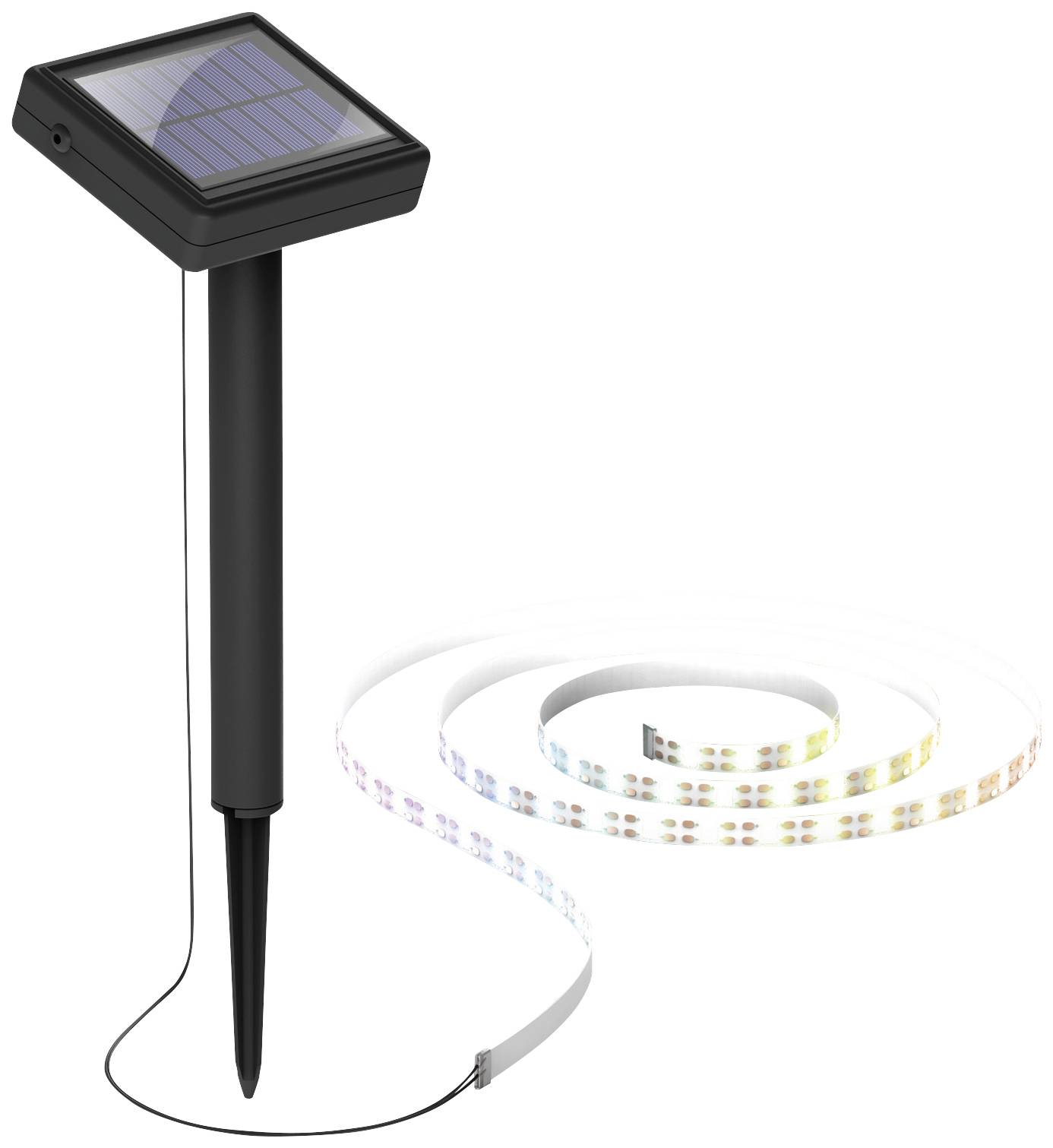 Solarna LED-lampica s dugom šiljkom za učvršćivanje u tlo i solarnom pločom. Lampice svijetle u različitim bojama.