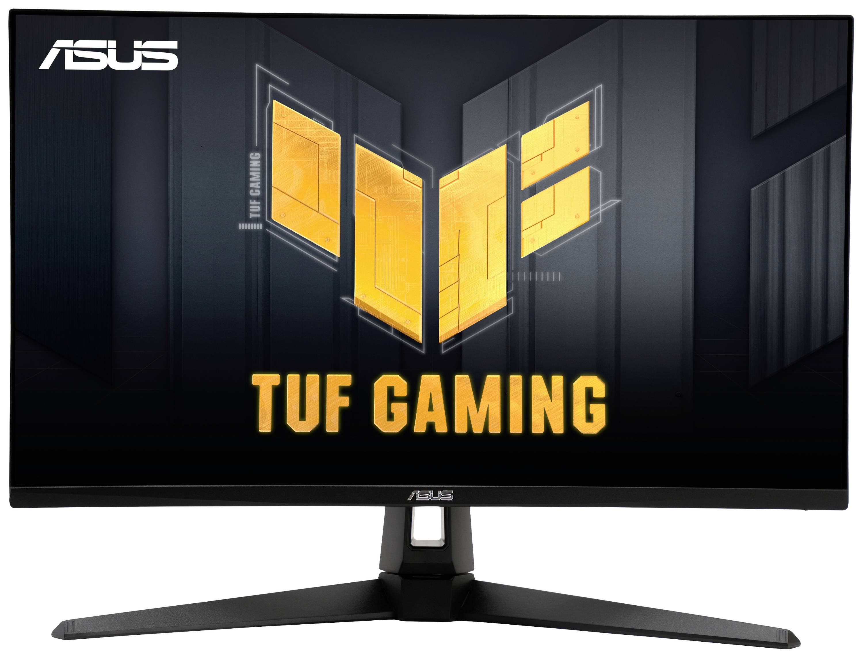 ASUS monitor s natpisom 'TUF Gaming' na ekranu. Pozadina prikazuje žuti emblem na tamnoj podlozi.