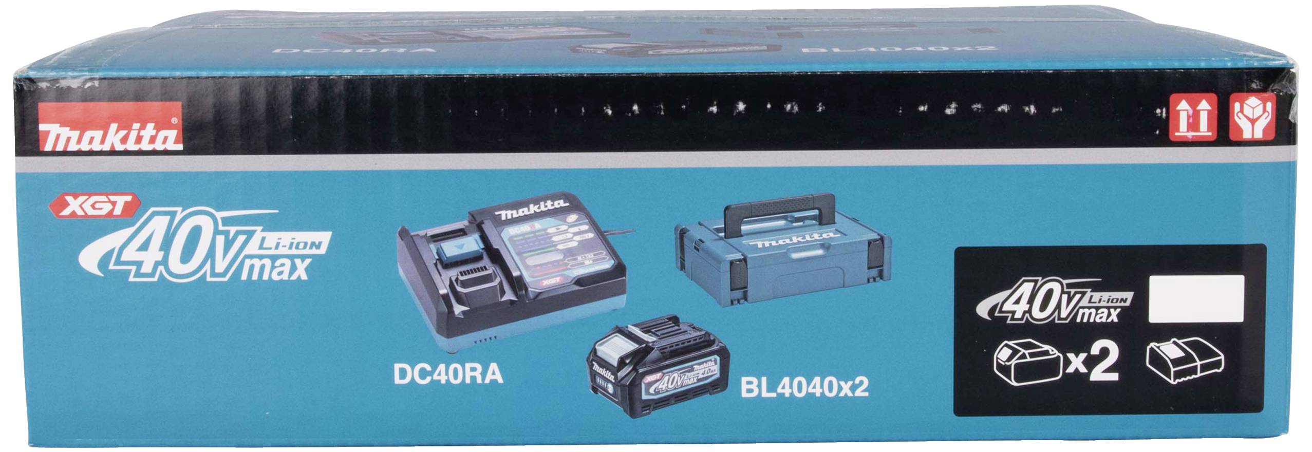 Pakiranje Makita XGT 40V Max DC40RA brzog punjača s dvije BL4040 baterije.