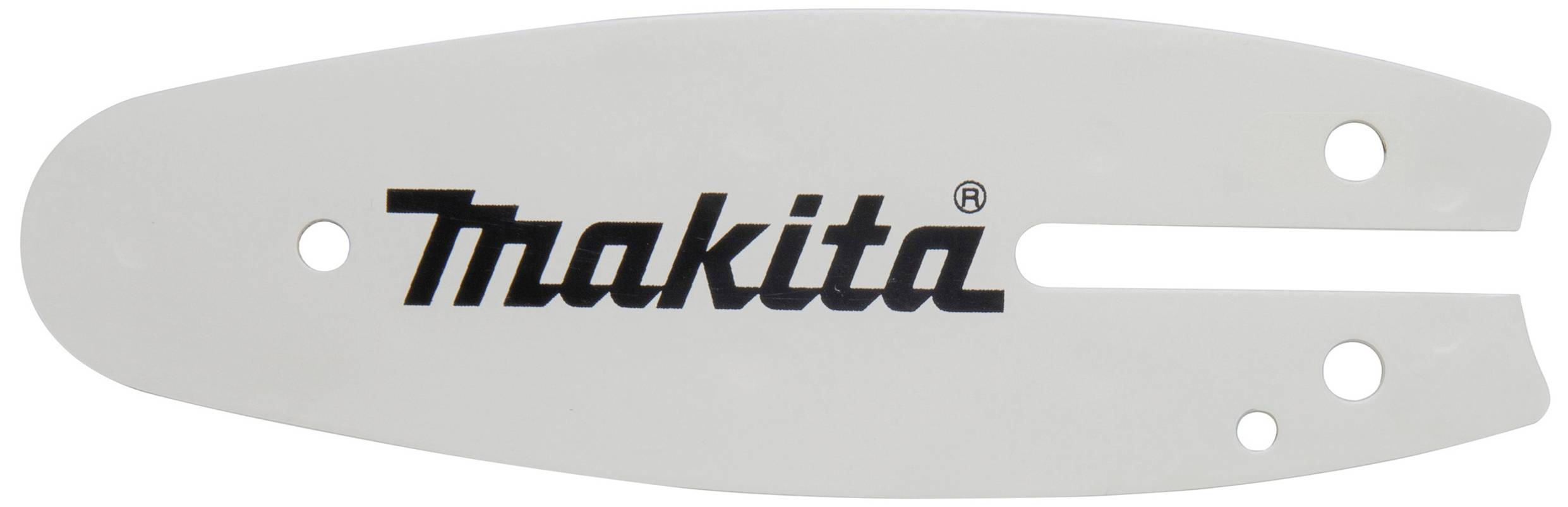 Servo lanac za motornu pilu s logotipom 'Makita', bijele boje, izduženog dizajna, tri učvršćivačke rupe s desne strane, pogodan za Makita modele.
