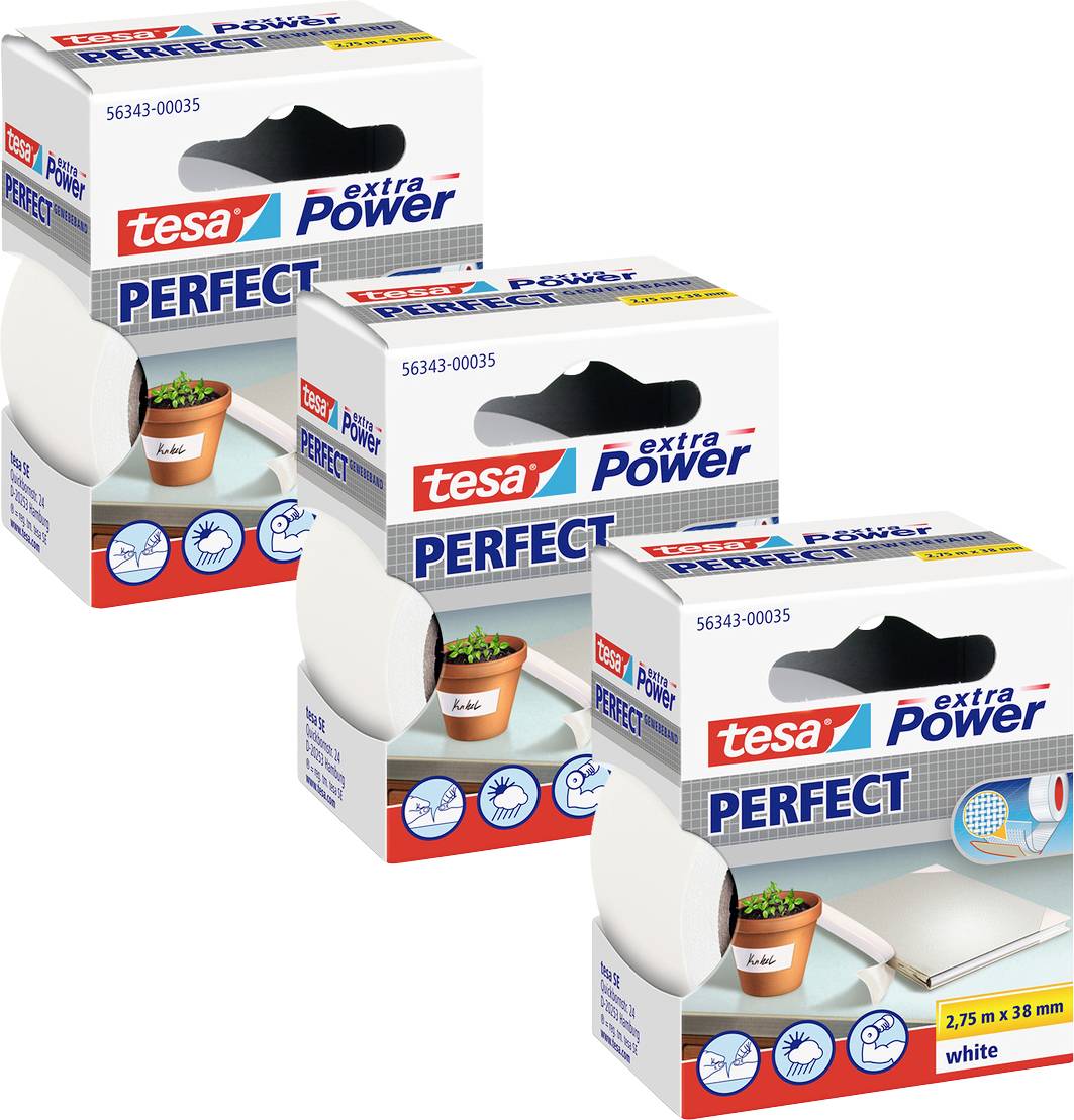 Tri kutije trake 'tesa extra Power Perfect', svaka označena '2,75 m x 38 mm, bijela', namijenjene popravkama u unutarnjem i vanjskom prostoru.