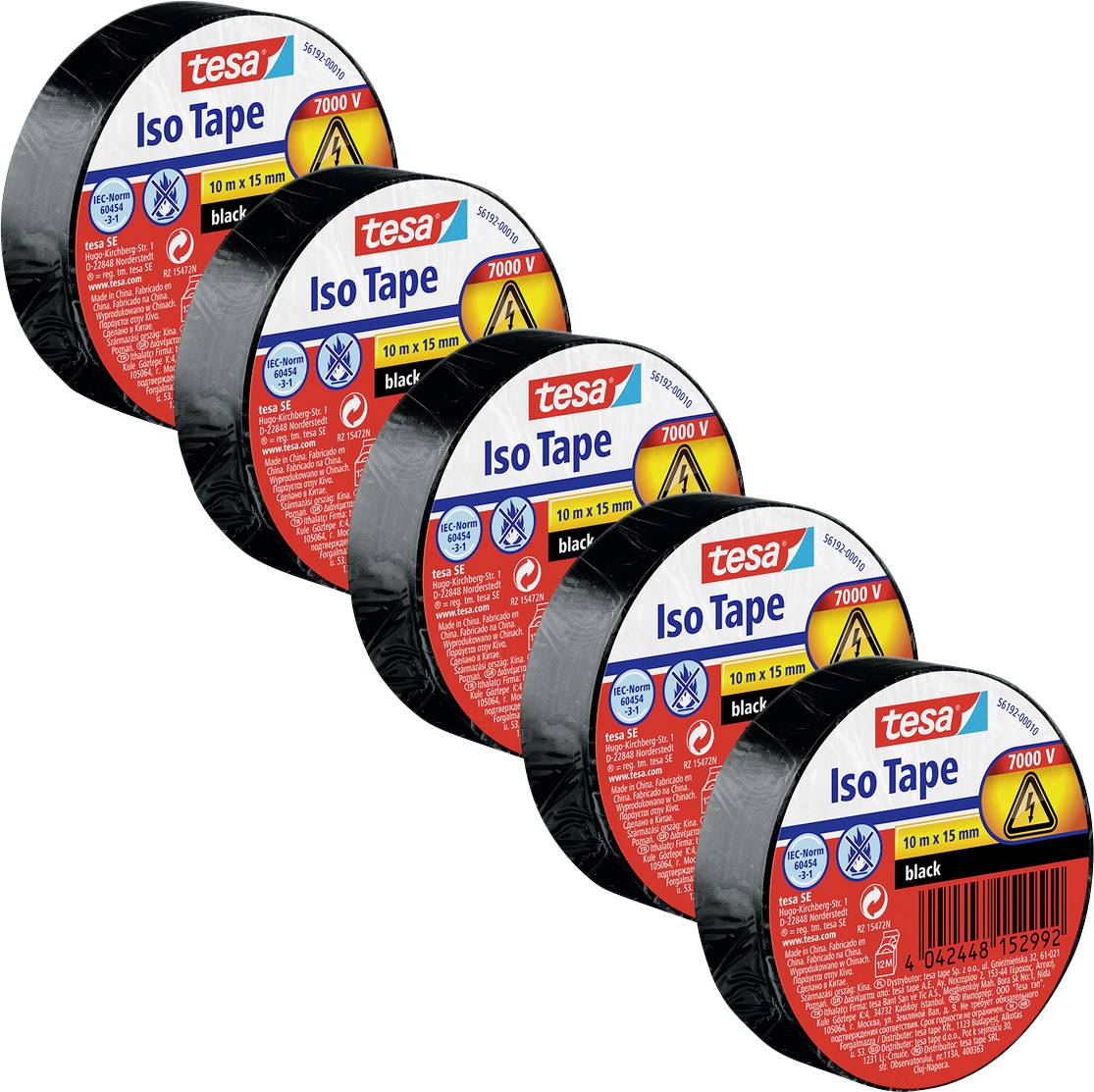Pet rolni crne Tesa Iso Trake poredano je u nizu, svaka s crvenim natpisima koji navode specifikacije: 10 m x 15 mm, pogodno za 7000 V.