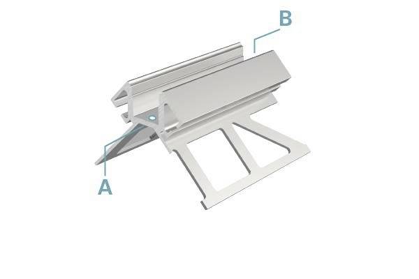 Metalni dijelovi u kutnom rasporedu, označeni slovima 'A' i 'B'. Prikazuje tehničku ili industrijsku komponentu.