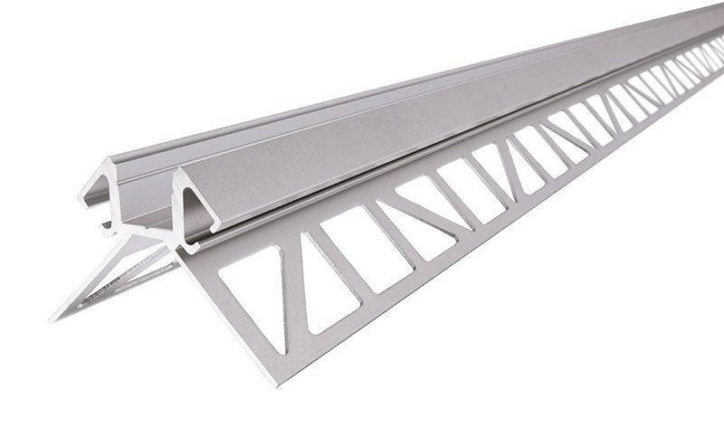Srebrni aluminijski profil koji se često koristi za LED-traka instalacije. Prikazuje integrirane rebrastohlađene elemente i nosače difuzora.