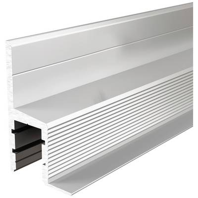 Srebrni, rebrasti aluminijski profil s L-poprečnim presjekom i tamnim umetkom. Koristi se za konstrukcije ili učvršćivanja.