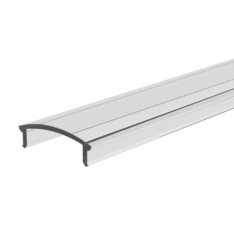 Aluminijski profil s polukružnim plastičnim poklopcem, korišten za prekrivanje LED traka, prikazuje bočne utore za učvršćivanje.