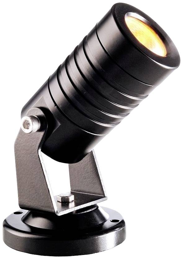 Crna LED spot lampa s rebrasto strukturiranim kućištem, postavljena na podesivi stalak, emitira toplu svjetlost.