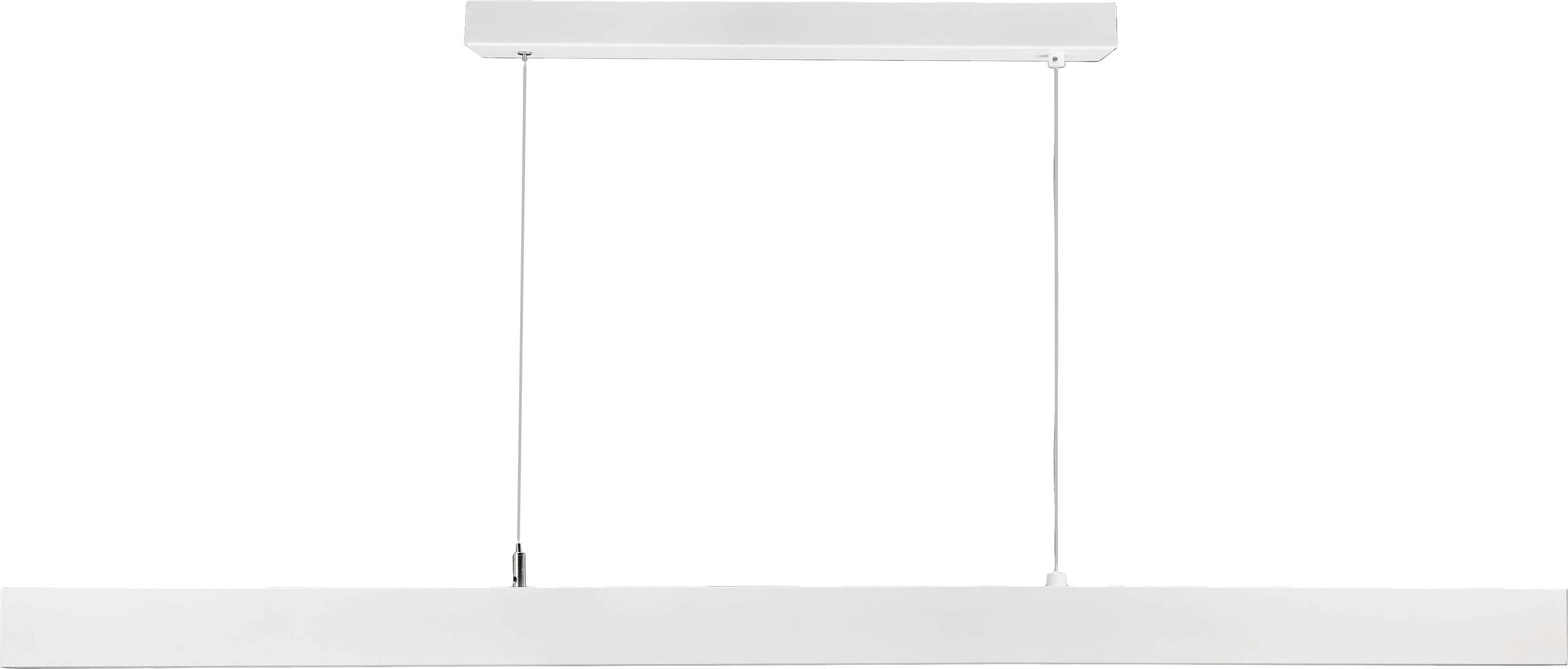 Bijela, minimalistička viseća lampa pravokutnog oblika, pričvršćena tankim kabelima, pogodna za moderan unutarnji dizajn.