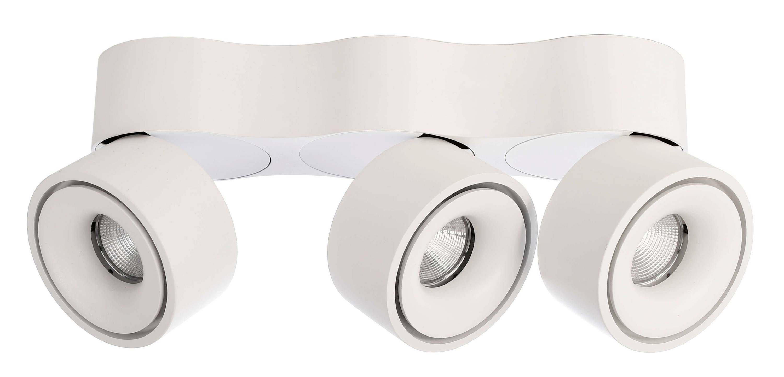 Bijela stropna lampa s tri podesive reflektore. Modernog dizajna, pogodna za akcentno ili opće osvjetljenje.