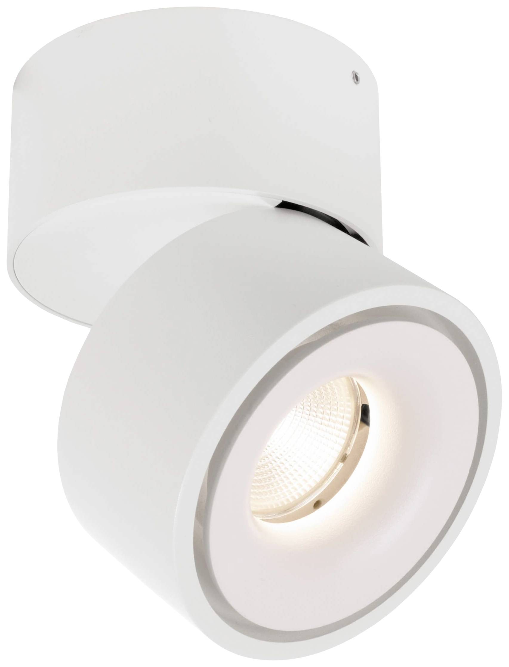 Bijela stropna lampa s okruglim, pomičnim reflektorom. Lampa ima moderan dizajn i djeluje funkcionalno i jednostavno.