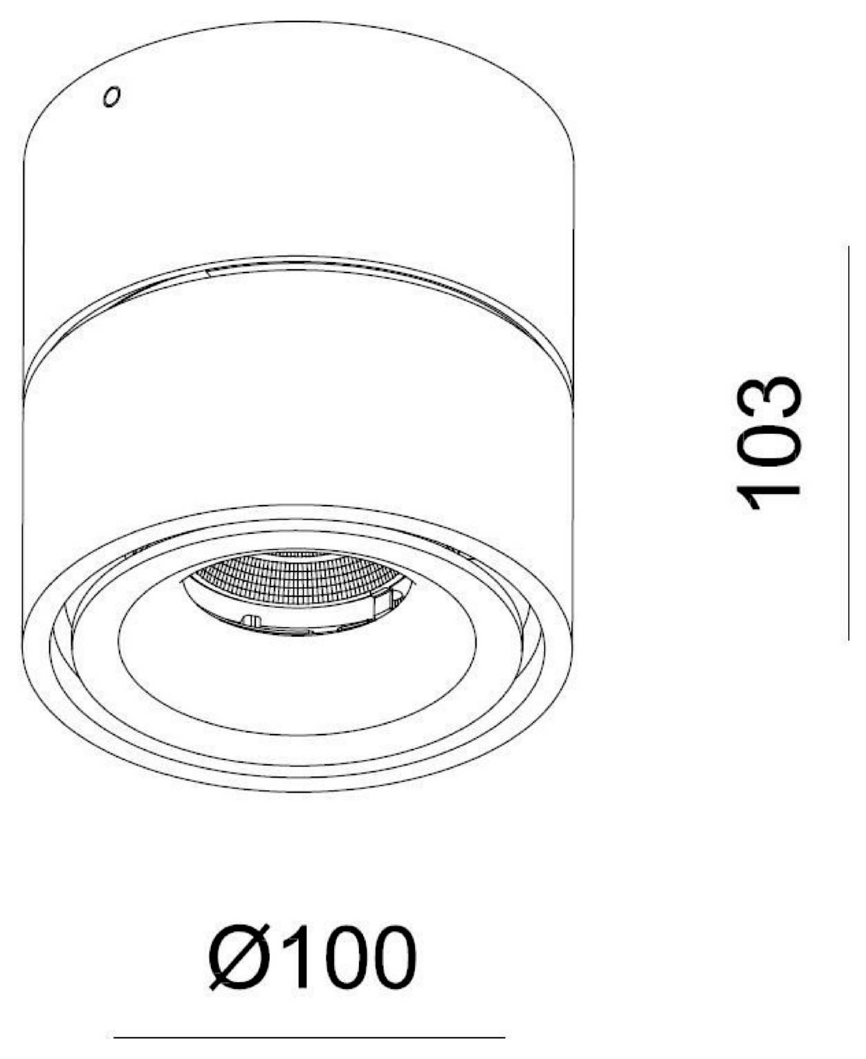 Tehnički crtež cilindrične stropne svjetiljke s prikazanim dimenzijama: visina 103 mm i promjer 100 mm.