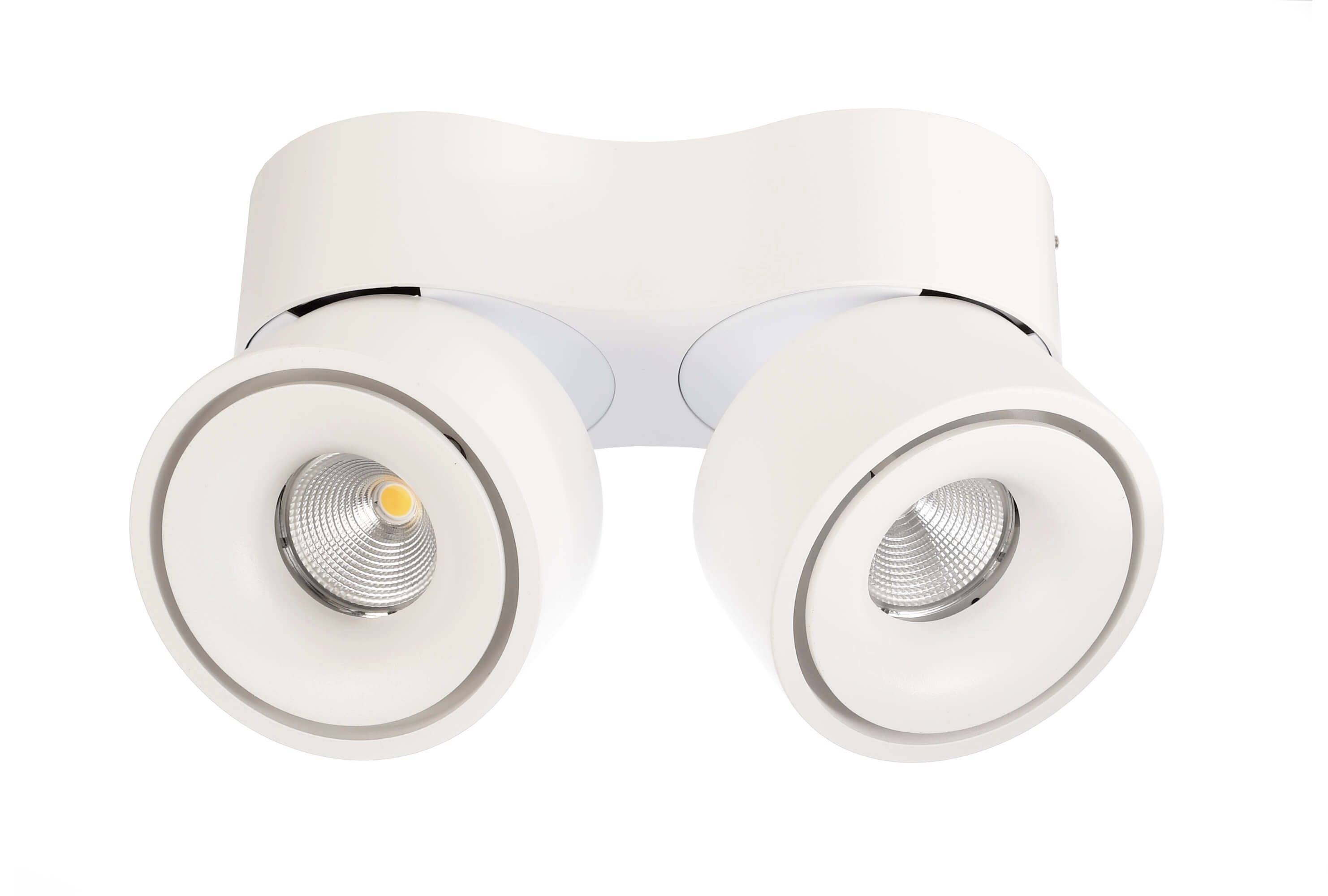 Stropna lampa s dva okrugla, bijela sjenila usmjerena prema dolje, u modernom, minimalističkom stilu.