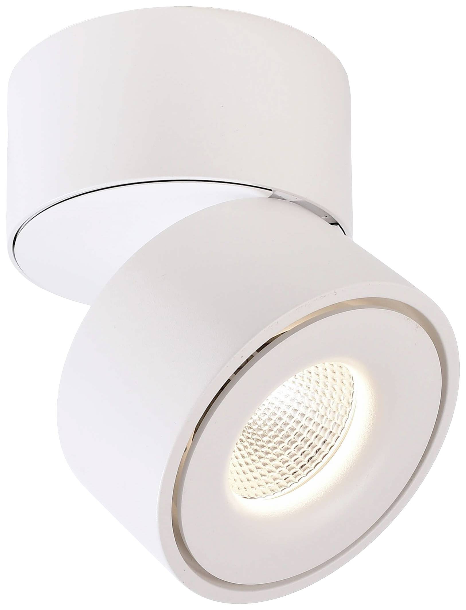 Bijela, moderna stropna lampa sa okruglim sjenilom. Lampa je podesiva i pruža usmjereno osvjetljenje, idealna za naglašeno osvjetljenje.