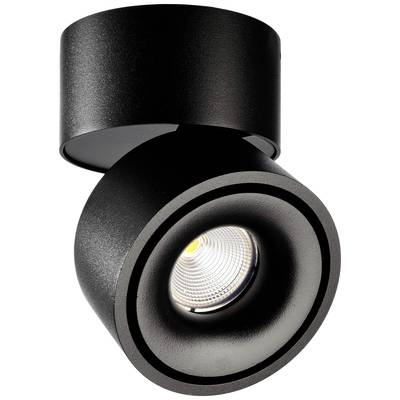 Crna, moderna stropna lampa s okruglim, podesivim reflektorom koji usmjerava izravno svjetlo prema dolje.
