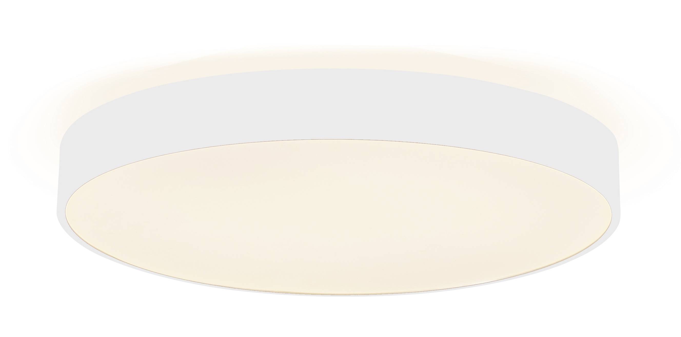 Bijela, okrugla stropna lampa jednostavnog, modernog dizajna koja odašilja toplo, ravnomjerno svjetlo.