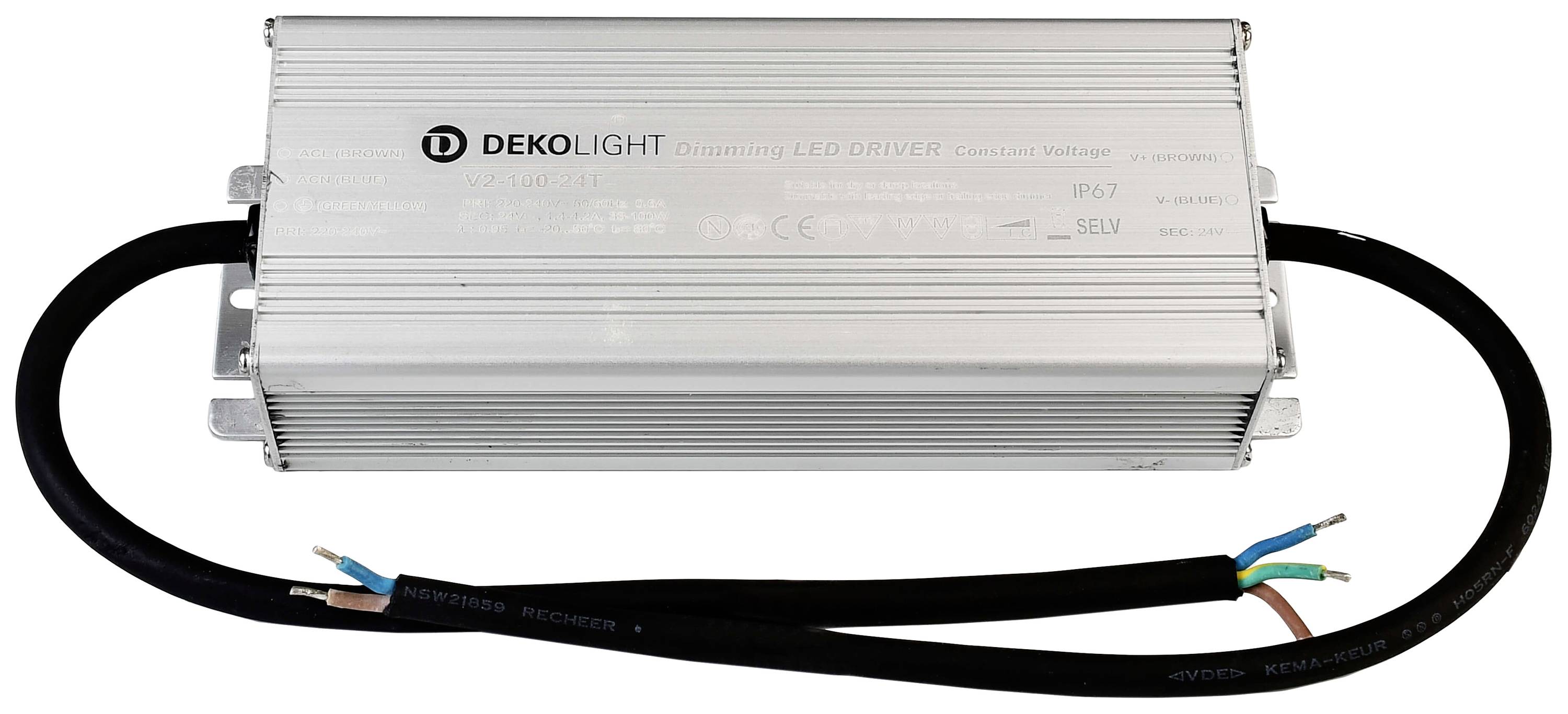 Srebrni LED driver s natpisom 'Deko-Light', povezan kabelima. Razvijen za ravnomjerno napajanje LED dioda.