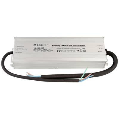 Srebrni LED driver od Dekolight-a s natpisom 'Dimming LED DRIVER', pogodan za prigušive LED svjetiljke, klasificiran IP67.