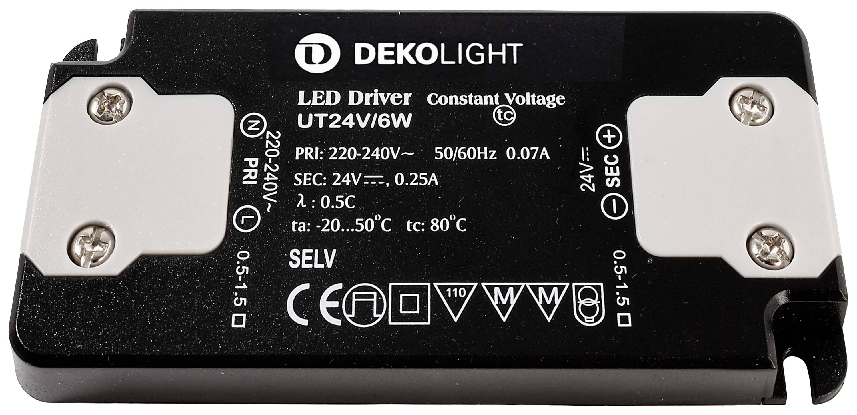 Pravokutni LED upravljač tvrtke DEKOLIGHT, model UT24V/6W. Naponski ulaz: 220-240V, izlaz: 24V, 0,25A.