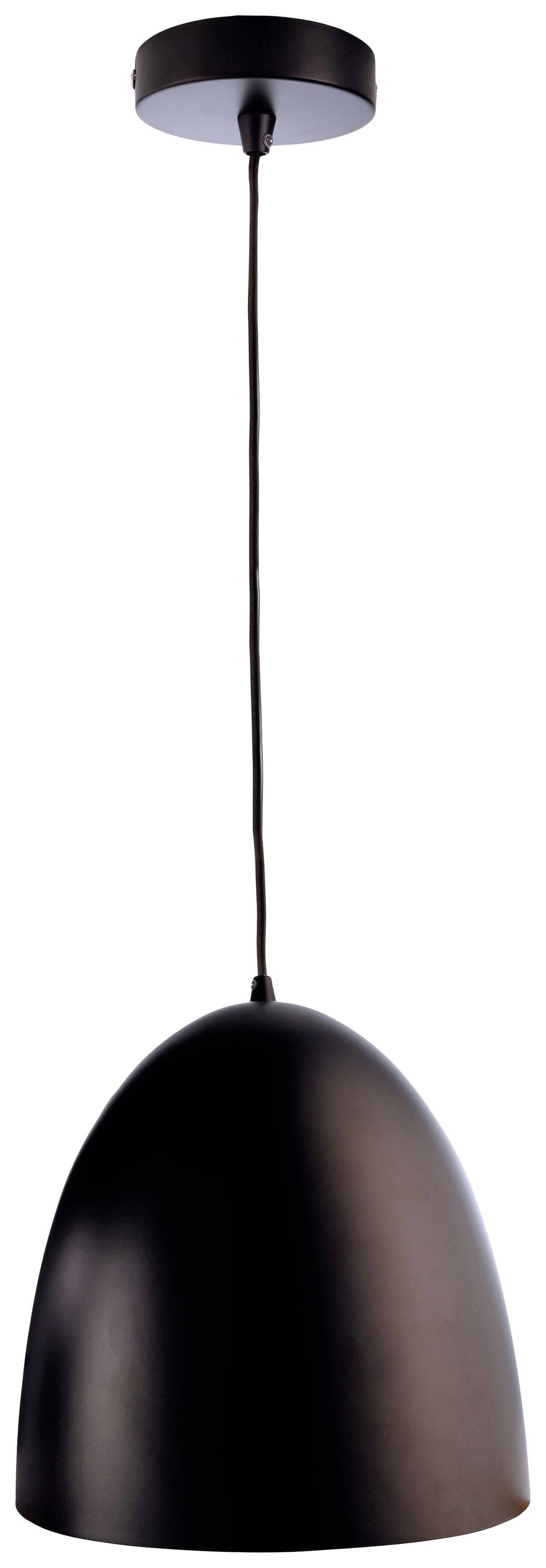 Crna, moderna viseća lampa glatkog, polukružnog oblika i tankog kabela, obješena sa stropa.