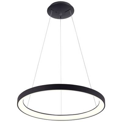 Kružasta, moderna viseća lampa s crnim okvirom, pričvršćena na tri žice, svijetli bijelo. Idealna za suvremene unutarnje prostore.