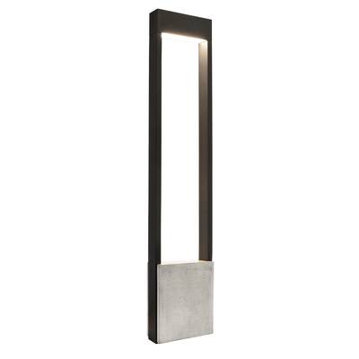 Moderna vanjska rasvjetna tijela pravokutnog dizajna, s crnim aluminijskim okvirom i betonskom bazom. Na vrhu se nalaze LED svjetlosne trake.