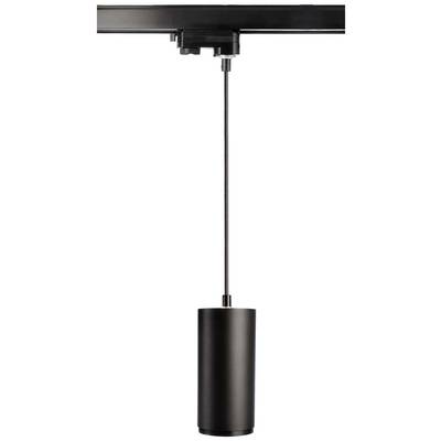 Crna cilindrična viseća lampa visi s montažne šine na stropu.