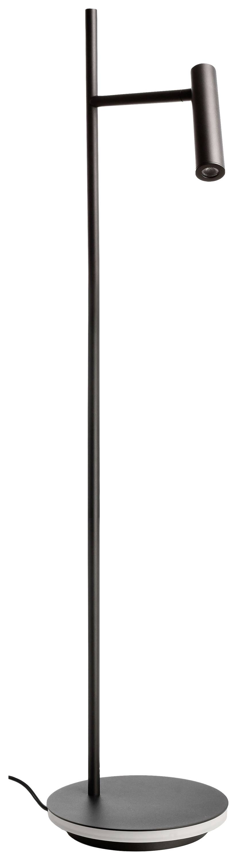 Moderna, minimalistička stojeća lampa sa tankom crnom šipkom i cilindričkom, horizontalnom svjetlosnom glavom. Idealna za stilsko osvjetljenje prostora.