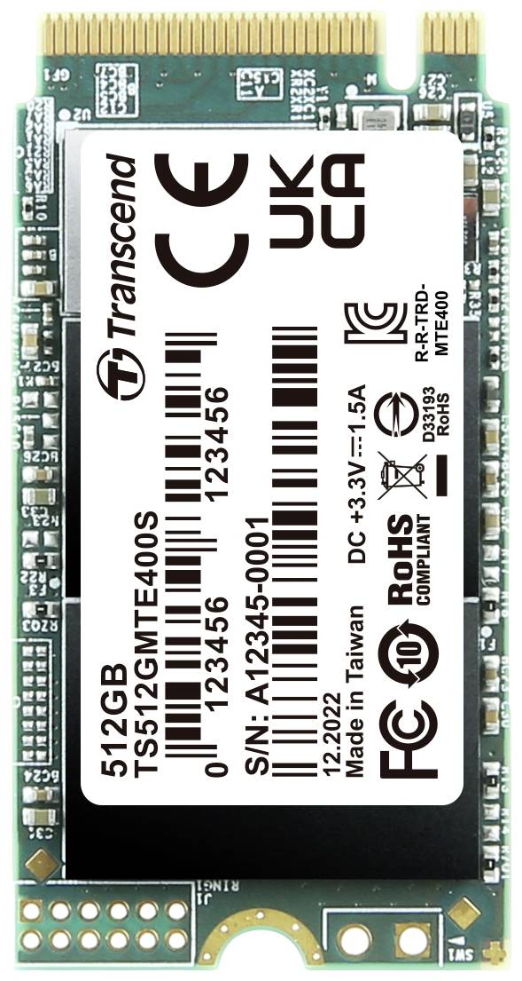 Poluvodička memorijska kartica s natpisom '512GB TS512G MTE400S' na naljepnici; sadrži tehničke certifikacijske logotipe i serijski broj.