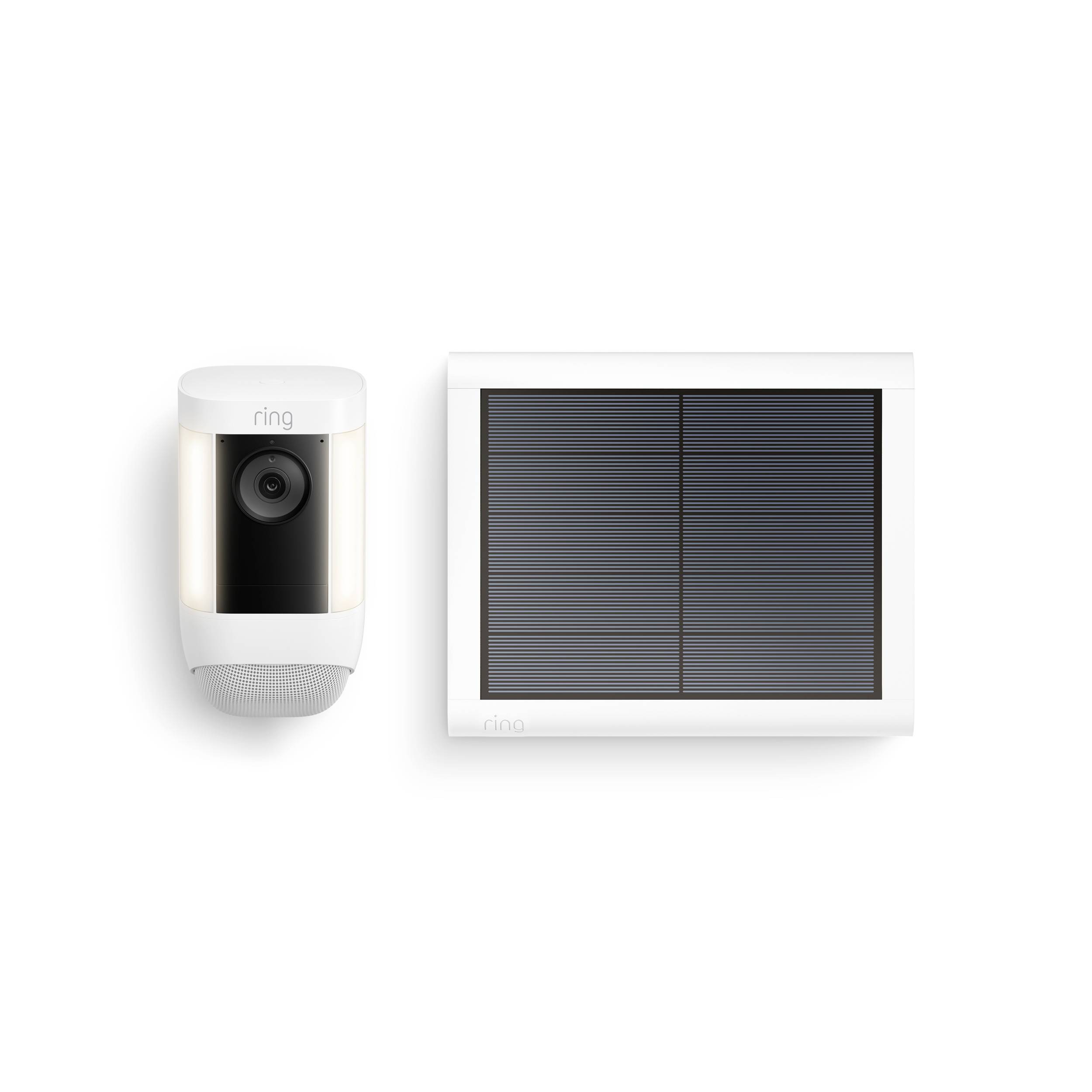 Na lijevoj strani kamera za nadzor s ugrađenim osvjetljenjem, desno pored nje solarni panel, oboje u bijeloj boji.