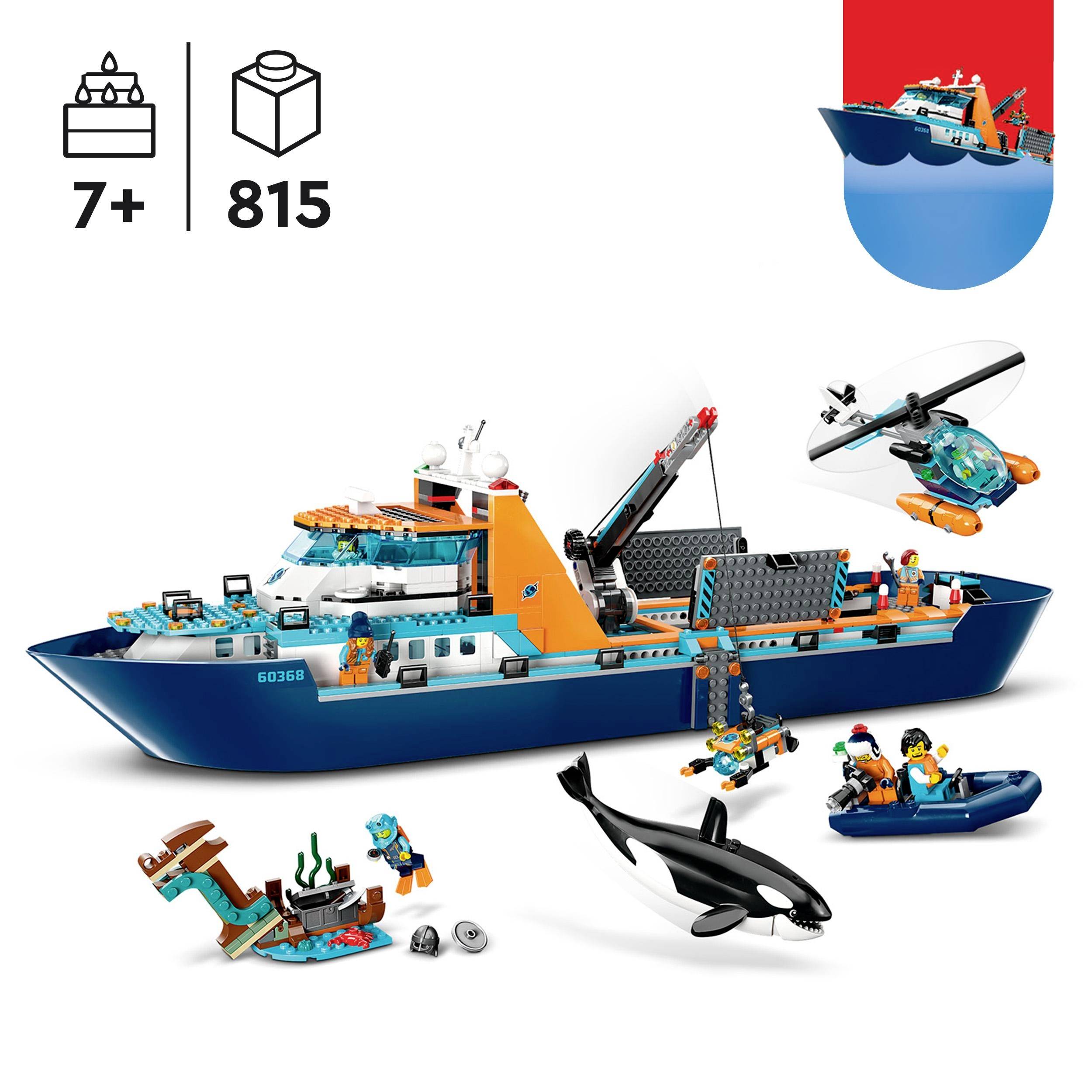 Lego komplet za djecu od 7 godina: Istraživalačka brodica s helikopterom, figurama morskog psa i orke, scenom morskog dna i roniocima. Sadrži 815 dijelova.