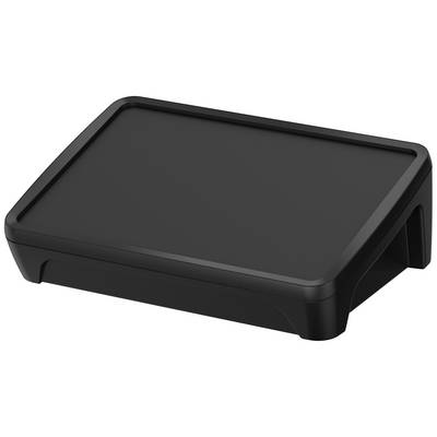 Crni stalak za monitor izrađen od plastike pravokutnog oblika sa zaobljenim rubovima, pogodan za podizanje ekrana.