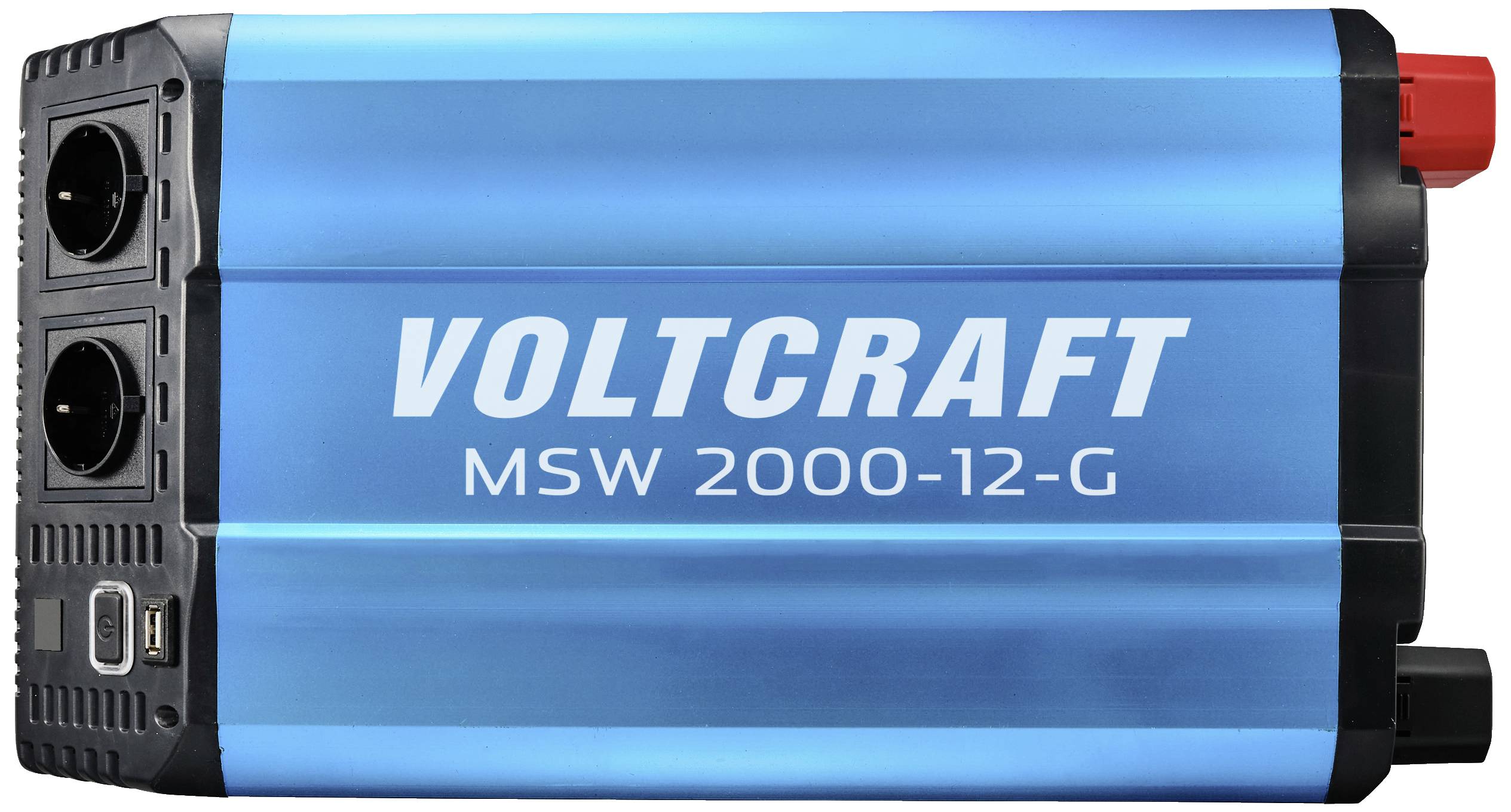 Plavi pretvarač napona 'VOLTCRAFT MSW 2000-12-G' s dvije utičnice i USB priključkom, za pretvaranje istosmjerne u izmjeničnu struju.