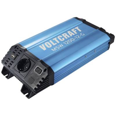 Plavi Voltcraft MSW 1200-12-G pretvarač napona s utičnicom i USB priključkom za pretvaranje istosmjerne u izmjeničnu struju.