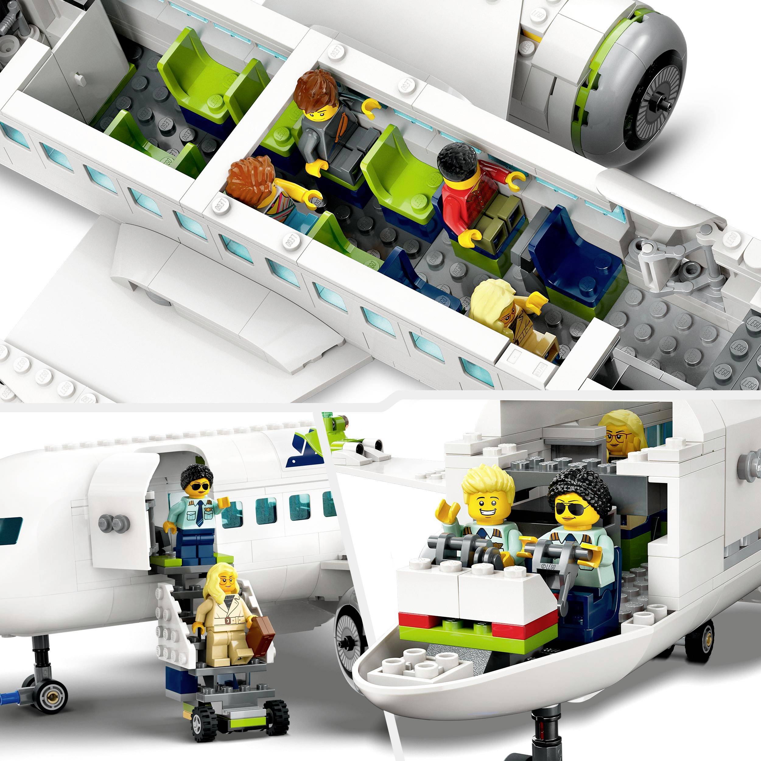 Lego-model zrakoplova s malenim figurama koje predstavljaju putnike unutar njega; uključujući figure koje se penju stepenicama.