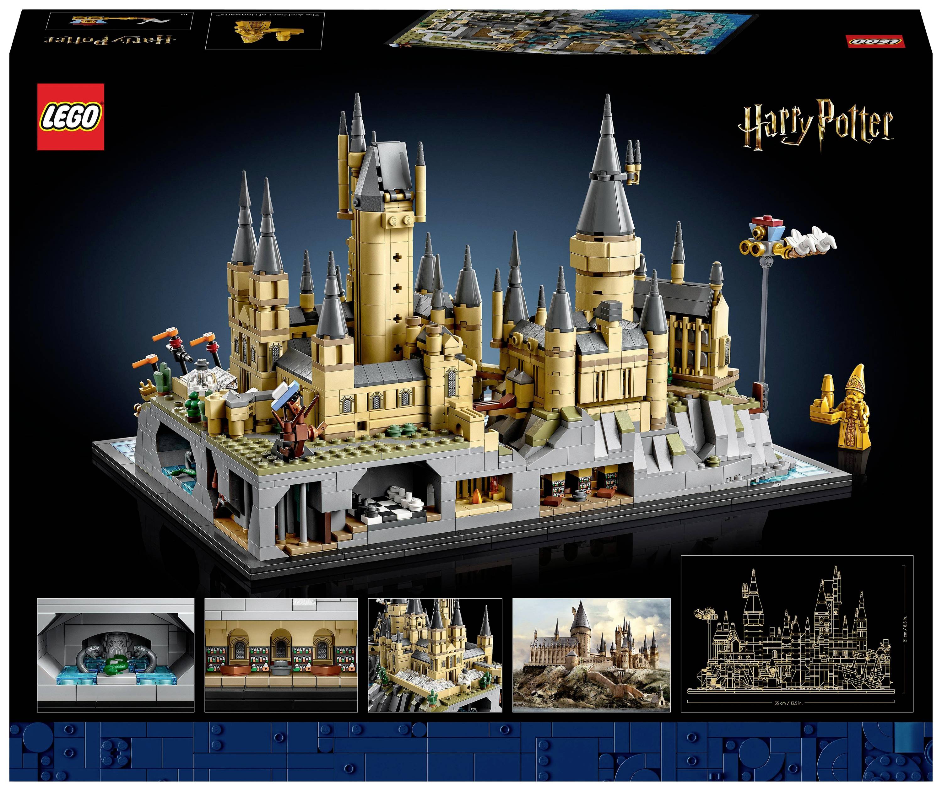LEGO set dvorca Harryja Pottera s detaljnim tornjevima i školskim dvorištem. Sadrži mini figurice i metle. Pakiranjem su prikazane mogućnosti izgradnje.