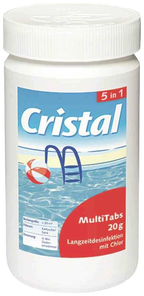 Plastična boca s etiketom 'Cristal 5 u 1 MultiTabs'. Sadrži 20g dugotrajnih dezinfekcijskih tableta s klorom za bazene.