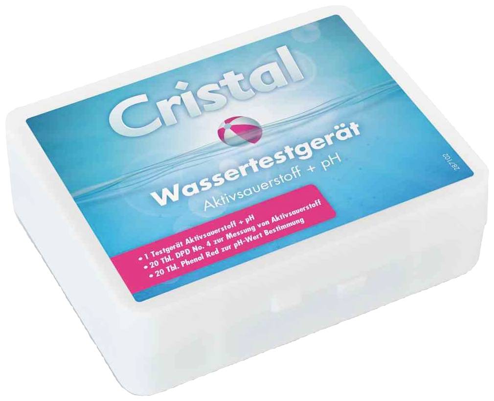 Uređaj za testiranje vode od Cristala za mjerenje aktivnog kisika i pH vrijednosti. Sadrži 10 DPD, 20 fenol crvenih tableta i tester za bazen.