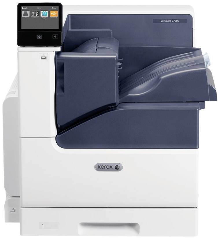 Sivi i tamnoplavi uredski printer s dodirnim zaslonom gore lijevo, spreman za ispis.