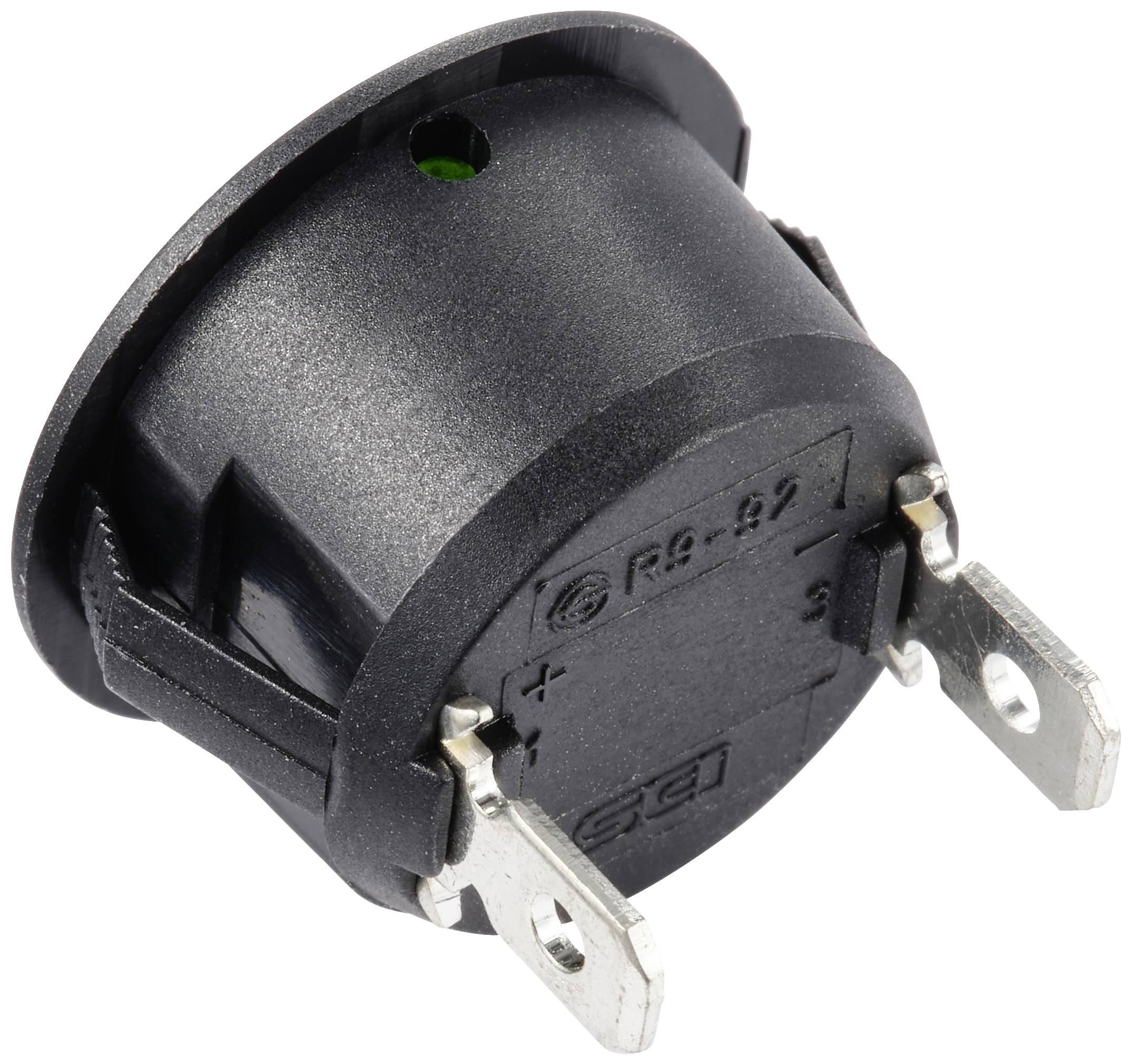 Okrugli, crni prekidač s dva metalna priključka i zelenom točkom na gornjem dijelu.