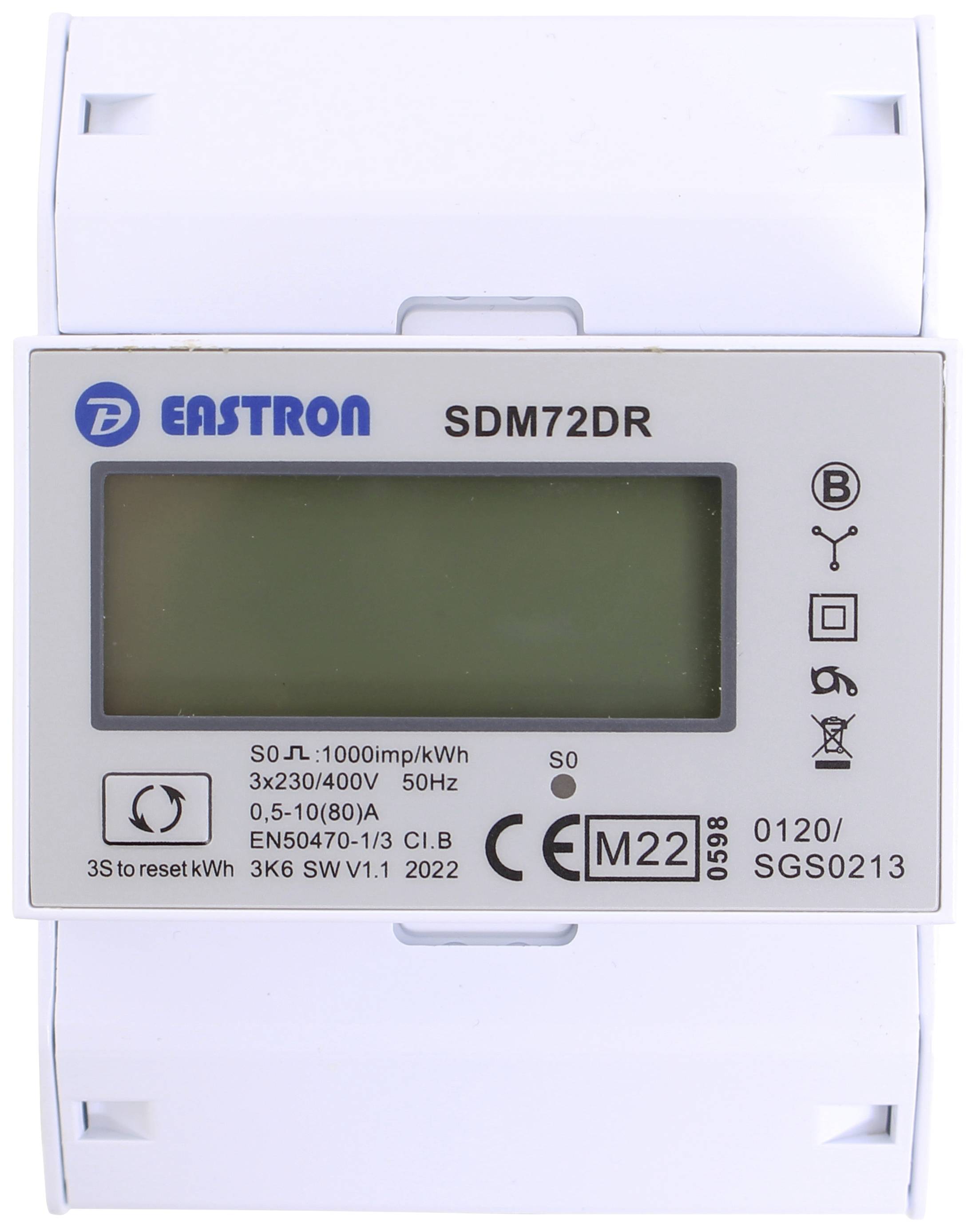 Digitalni električni brojač s zaslonom i logotipom marke. Prikazuje modelni broj 'SDM72DR' i tehničke specifikacije na prednjoj strani.