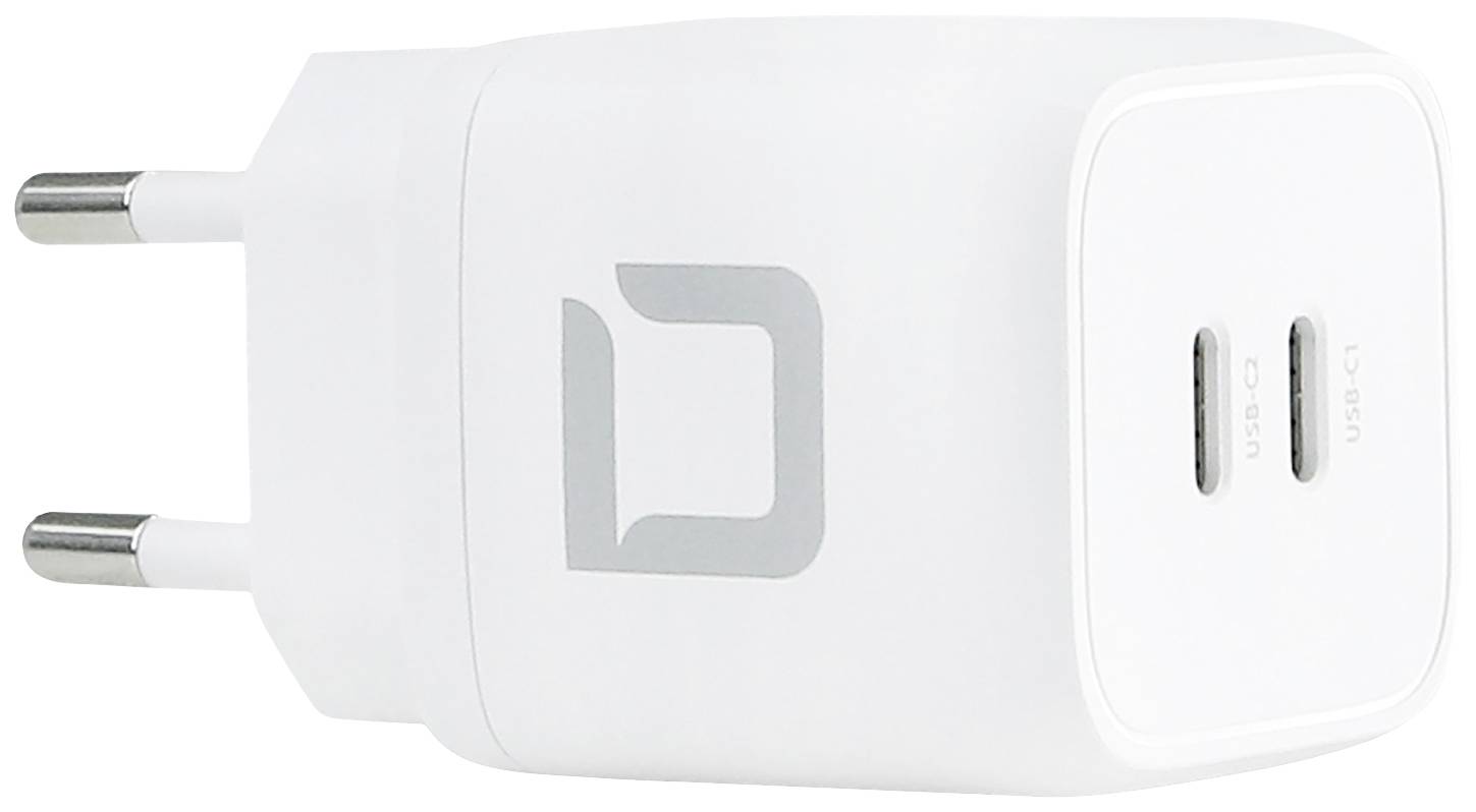 Bijeli USB zidni punjač sa dva USB-C priključka i europskim utikačem.