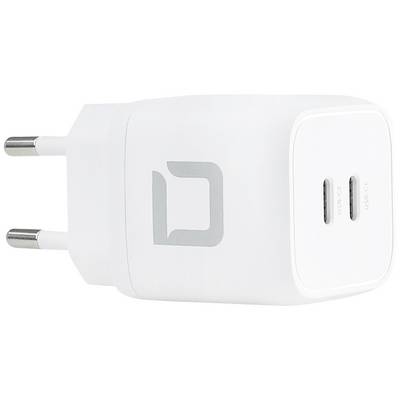 Bijeli USB zidni punjač sa dva USB-C priključka i europskim utikačem.