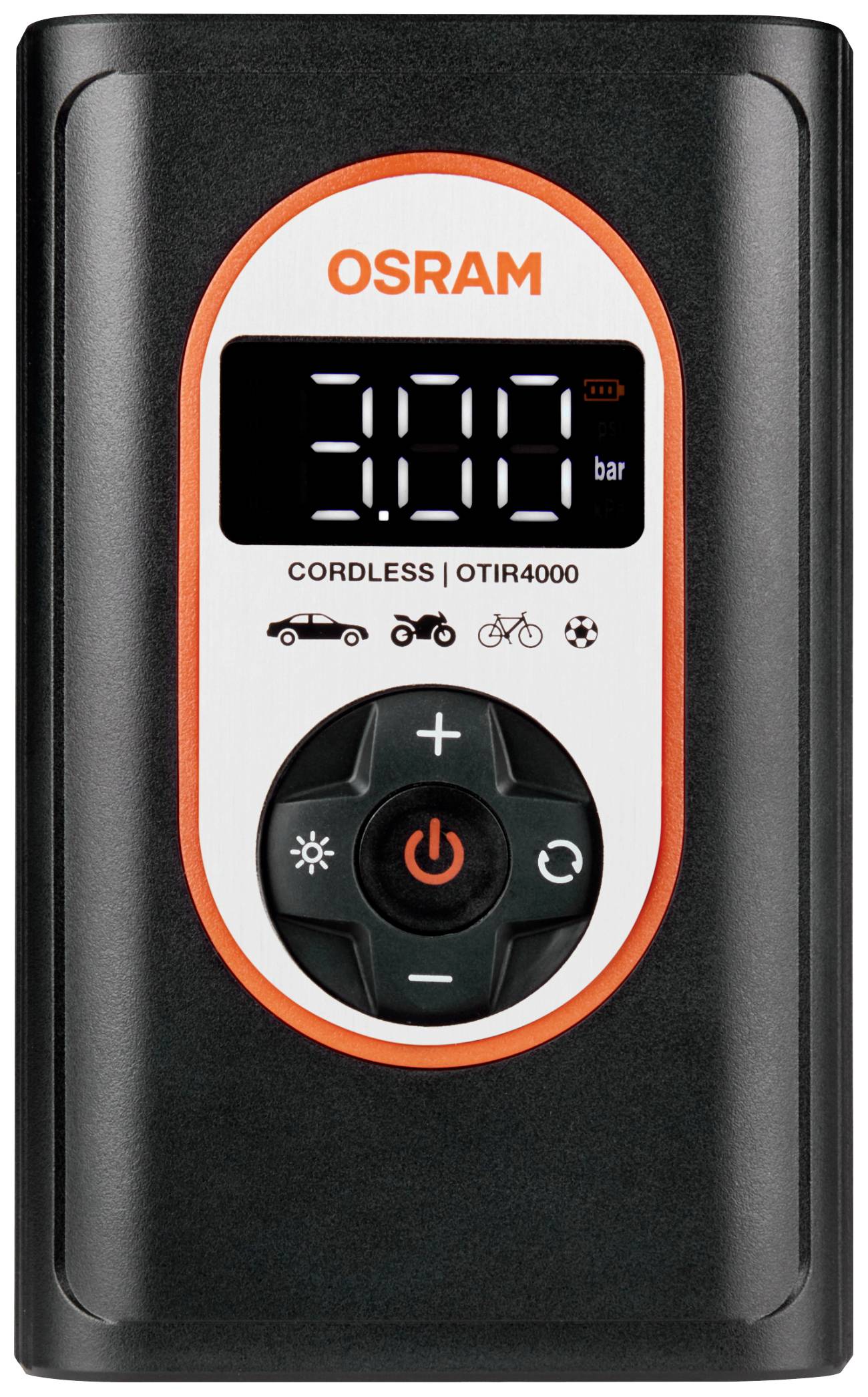 Prijenosni digitalni mjerni uređaj za tlak u gumama od OSRAM-a. Prikazuje '3.00 bara'. Pogodan za automobil, motocikl, bicikl, loptu.